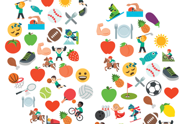 logo de la journée mondial du rein 2017 représentant des reins avec des motifs multicolores de sport et d'aliments