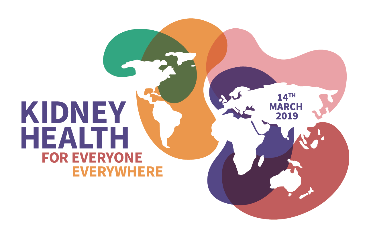 logo du world kidney day 2019 Map monde avec les reins de différentes couleurs stylisés sur chaque continent