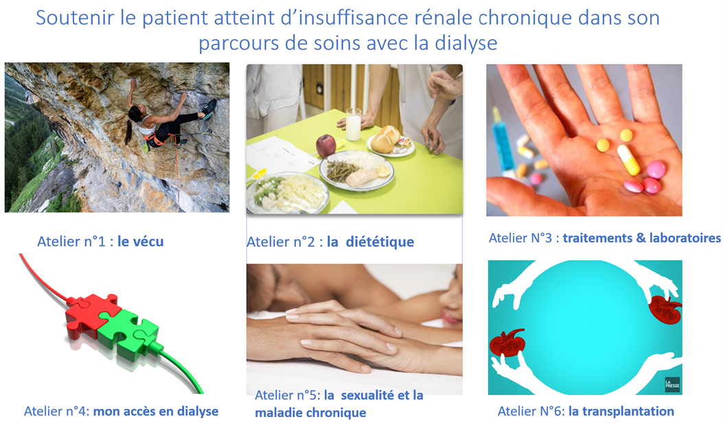 6 images se référant aux ateliers sur le vécu avec une grimpeuse, sur la diététique : assiette avec des aliments sur une table , pour les traitements une main ouverte avec des pilules dedans, pour les accès de dialyse schéma de 2 prises imbriquées, pour la sexualité 2 visages d'un couple avec les mains enlacées, pour la transplantation un schéma de 2 reins avec des mains stylisées reliant ses 2 reins en sphère